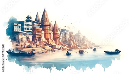 Watercolor illustration of the ganges river during ganga saptami.