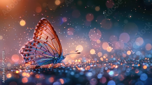 a portrait butterfly sitting on a white surface with glitter covering it, in the style of luminous and dream like scenes