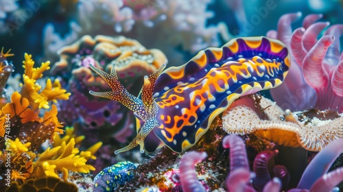 A colorful nudibranch crawling across a coral reef, showcasing the intricate patterns and vibrant hues of marine mollusks.