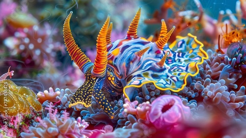 A colorful nudibranch crawling across a coral reef, showcasing the intricate patterns and vibrant hues of marine mollusks.