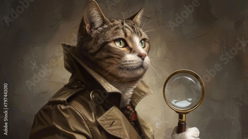 Detective Cat With Magnifying Glass Illustration