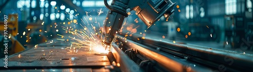 An industrial robot is welding metal.