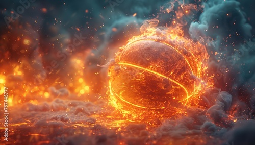 An astronomical basketball engulfed in flames with clouds in the sky