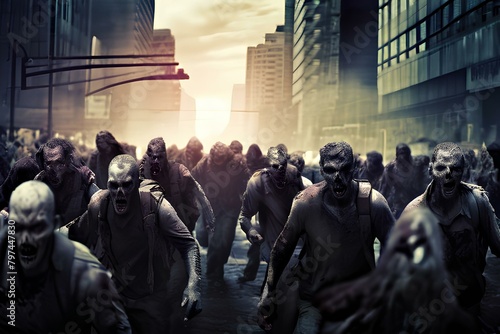 Crowd of zombies in a post-apocalyptic city zombie attack going forward.