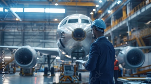 An aircraft maintenance engineer wearing a hard hat inspects a passenger airplane in a hangar.