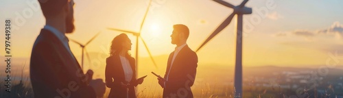 Three business people are talking in a wind farm at sunset.