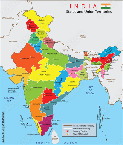 Updated Political map of India 2024. India map new. Detailed map of India with all states and country boundaries. India's political map with the capital New Delhi, national borders, important cities.