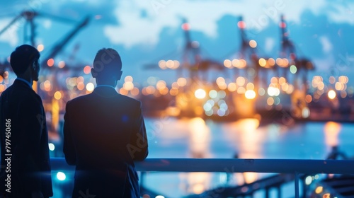 Two businessmen looking out at a harbor at night.