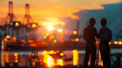 Two engineers in hard hats are silhouetted against a sunset at a shipping port.