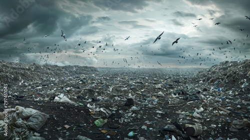 A panoramic view of a vast landfill site covered in layers of discarded waste debris and litter with swarms of birds flying overhead against an ominous cloudy sky 