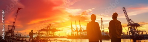 Two engineers in hardhats are watching the sunset over a busy shipping port.