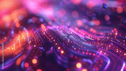 A captivating image of fluorescent tech curves intertwined with detailed circuitry under a haze of soft bokeh lights 