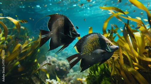 A pair of graceful angelfish swimming among swaying seaweed, adding elegance to the underwater landscape.