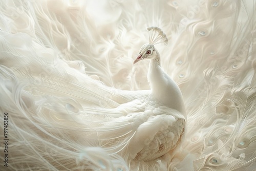 A striking photograph capturing the ethereal beauty of an albino peacock, its delicate white plumage displaying a unique splendor