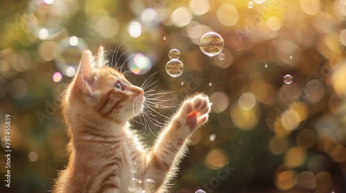 A playful kitten swatting at bubbles floating in the air, adding a touch of whimsy to its curious exploration.