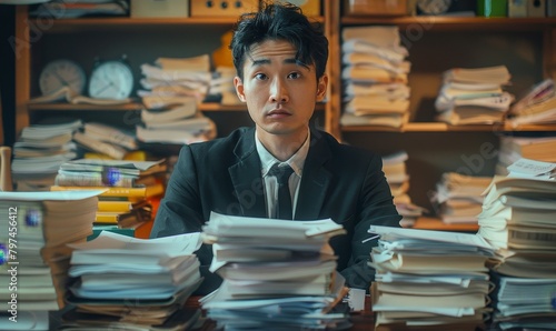 Asian business man whose desk is full of documents at work , overworked or people overwhelmed by work concept, Generative AI