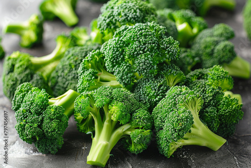 A bunch of fresh green broccoli florets, arranged elegantly against a clean, bright background, tempting with their crispness and nutrient-rich goodness.