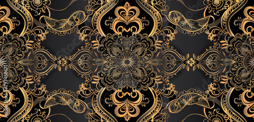 Luxurious black and gold abstract lace doily pattern.
