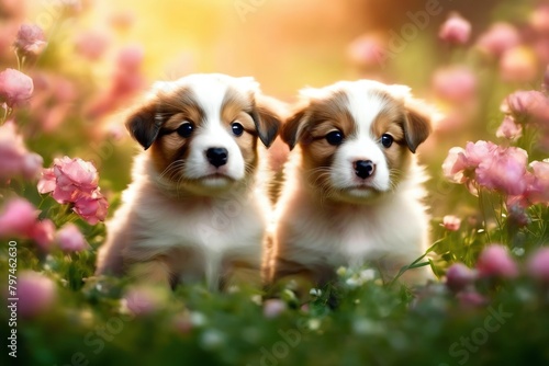 cute puppies among flowers. sunny spring day.