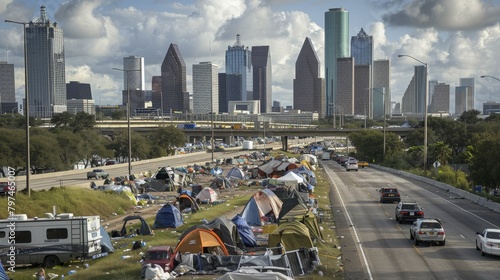 A sprawling makeshift encampment has taken root along the highway surrounded by the imposing highrise buildings of the urban skyline highlighting the stark divide between affluence and homelessness 