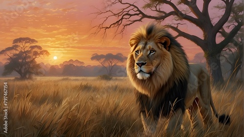 # Artistic Image prompt"Digital illustration depicting an English lion traversing the savannah forest at dawn. The lion, portrayed with a mix of realism and artistic interpretation, exudes regal elega