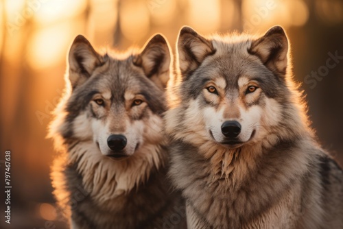 a couple of wolves looking at the camera