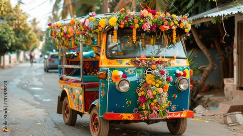 A tuk-tuk decorated with colorful flowers and ornaments for a festive celebration