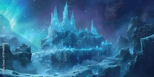A magical winter wonderland at night, with ice castles, aurora borealis in the sky, and mystical creatures wandering in the snow-covered landscape. C. Resplendent.