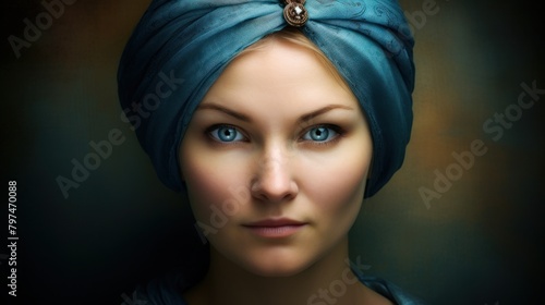 a woman with blue eyes wearing a turban