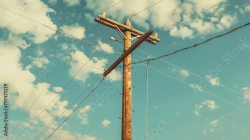 A vintage power pole with wooden cross arms standing against a blue sky