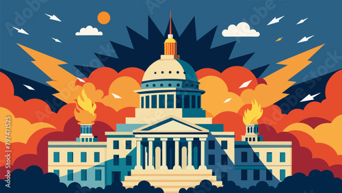 The booming explosions beautifully complement the grandeur and power of the Capitol Building.. Vector illustration