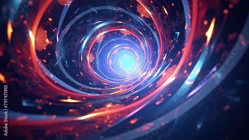 Dynamic vortex of blue and orange lights in a futuristic abstract background