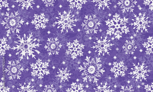 Vector hand drawn violet Christmas seamless pattern with vintage white snowflakes and stars