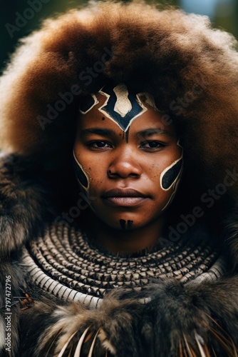 a woman with a fur collar and face paint