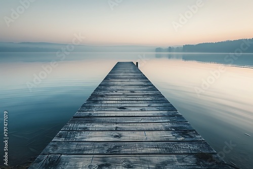 Overlooking a tranquil lake, a solitary wooden pier extends gracefully into the water, its weathered planks bearing witness to countless sunsets and quiet reflections