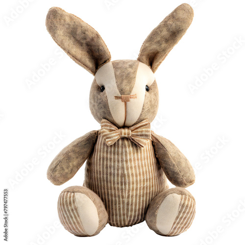 Plush tan bunny rabbit with floppy ears, png isolated on transparent