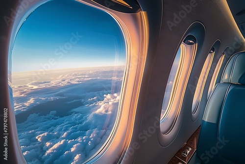 Peer through the windows of a sleek corporate jet as it glides gracefully through the azure skies, offering a glimpse into the rarified world of high-stakes business travel and executive luxury