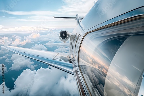 Peer through the windows of a sleek corporate jet as it glides gracefully through the azure skies, offering a glimpse into the rarified world of high-stakes business travel and executive luxury