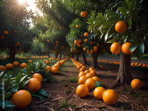 Orange tree with ripe fruits on the ground in the garden, Nature background