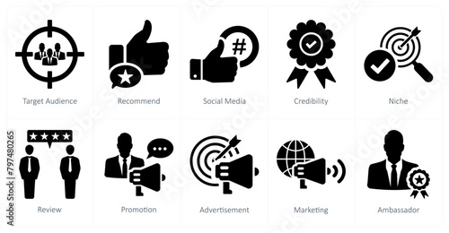A set of 10 influencer icons as target audience, recommend, social media