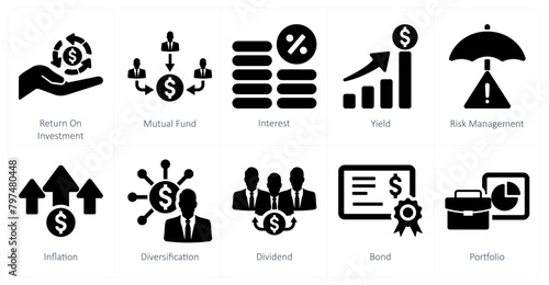 A set of 10 investment icons as return on investment, mutual fund, interest