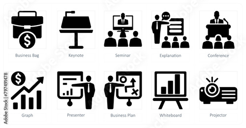 A set of 10 business presentation icons as business bag, keynote, seminar