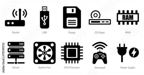 A set of 10 computer parts icons as router, usb, floppy
