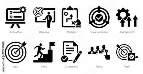 A set of 10 action plan icons as action plan, objective, strategy