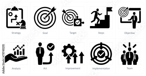A set of 10 action plan icons as strategy, goal, target