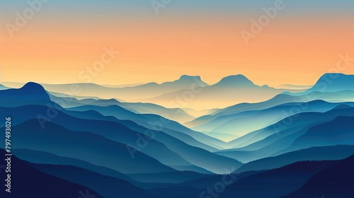 A stylized graphic depiction of a mountainous horizon at dusk, with silhouetted peaks and a gradient sky transitioning from warm oranges to cool blues