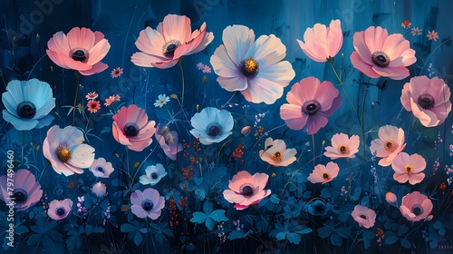 A field of blooming cosmos flowers, their dainty petals and pastel colors creating a dreamy and whimsical scene