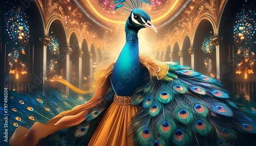 "Transform this regal peacock into a fashion icon, with a glamorous gown and a feathered boa."