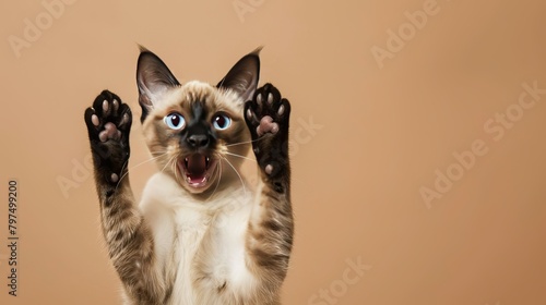 funny seal point siamese cat playing raising paws making funny face with mouth open on brown background with copy space AI Generated
