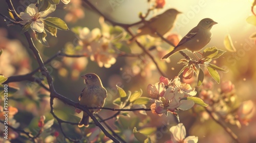 Serene birds on blossoming branch at sunset